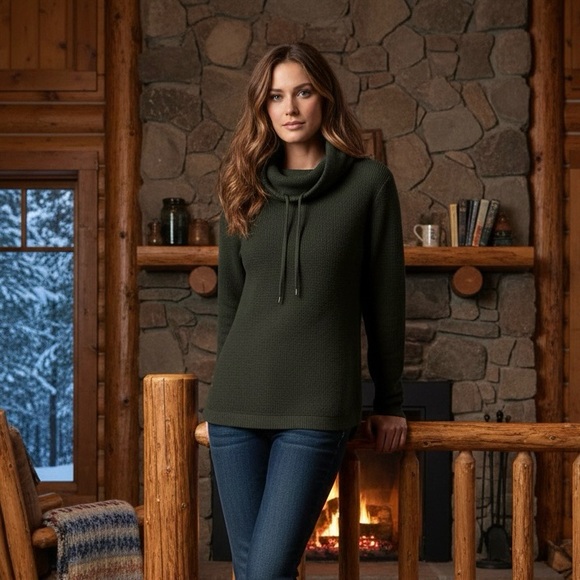 Lauren Ralph Lauren Pullover XL Waffle Knit Hunter Green Long Sleeve Cowl Neck